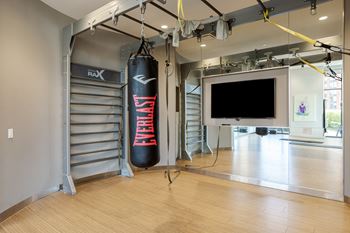 A gym with a punching bag and a television.